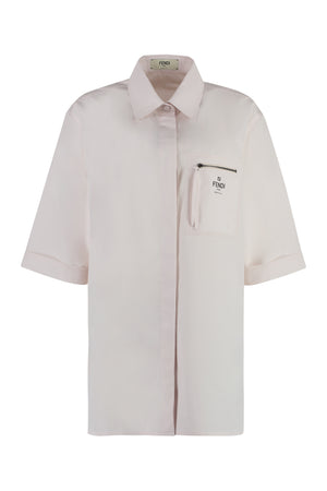 FENDI Pink Short Sleeve Cotton Shirt with Zippered Front Pocket and Side Slits for Women