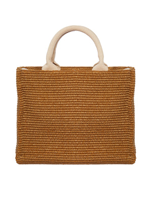 MARNI Women's Small Brown Raffia Tote Handbag with Cotton Ribbon Handles and Shoulder Strap, Embroidered Logo, 31cm x 25cm