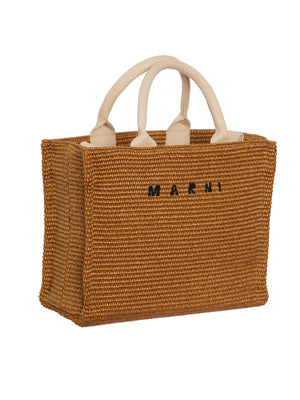 MARNI Women's Small Brown Raffia Tote Handbag with Cotton Ribbon Handles and Shoulder Strap, Embroidered Logo, 31cm x 25cm