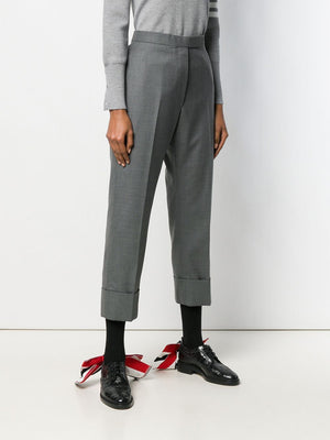 THOM BROWNE Classic Straight Cut Wool Trousers with Turn-Ups