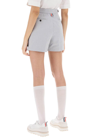 THOM BROWNE Striped Seersucker Cotton Tailoring Shorts with Adjustable Straps and Tricolor Tab