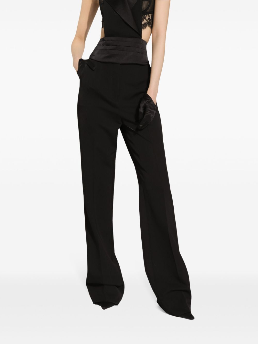 DOLCE & GABBANA BLACK VIRGIN WOOL BLEND SATIN TRIM TROUSER