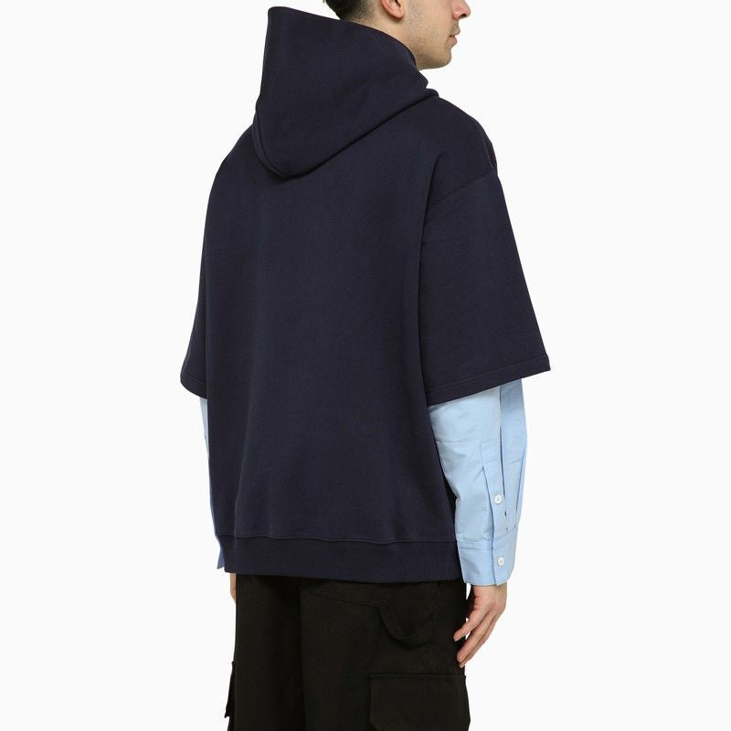MARNI Men's Blue Layered Hoodie with Logo Embroidery and Buttoned Cuffs