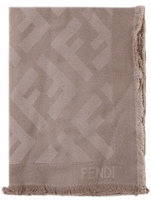 FENDI Fringed Logo Motif Wool and Cashmere Blend Scarf