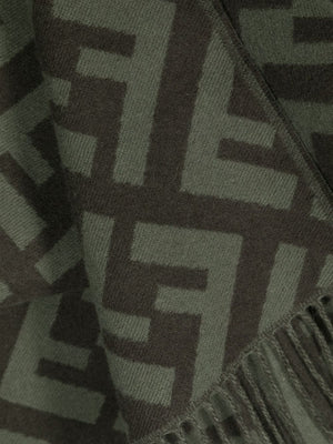 FENDI Khaki Green Cashmere All-Over FF Motif Scarf for Women