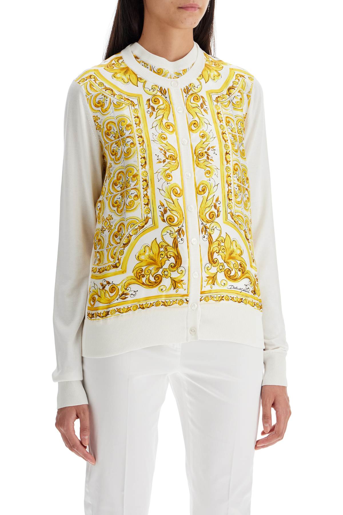 DOLCE & GABBANA Luxurious Silk Knit Cardigan with Artistic Print