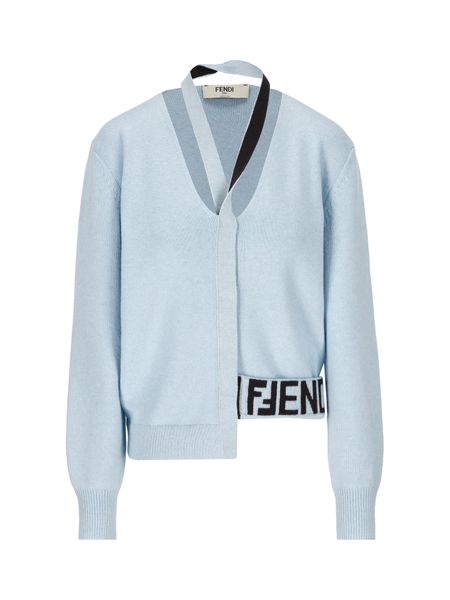 FENDI Light Blue Cashmere and Wool Cardigan for Women - FW23