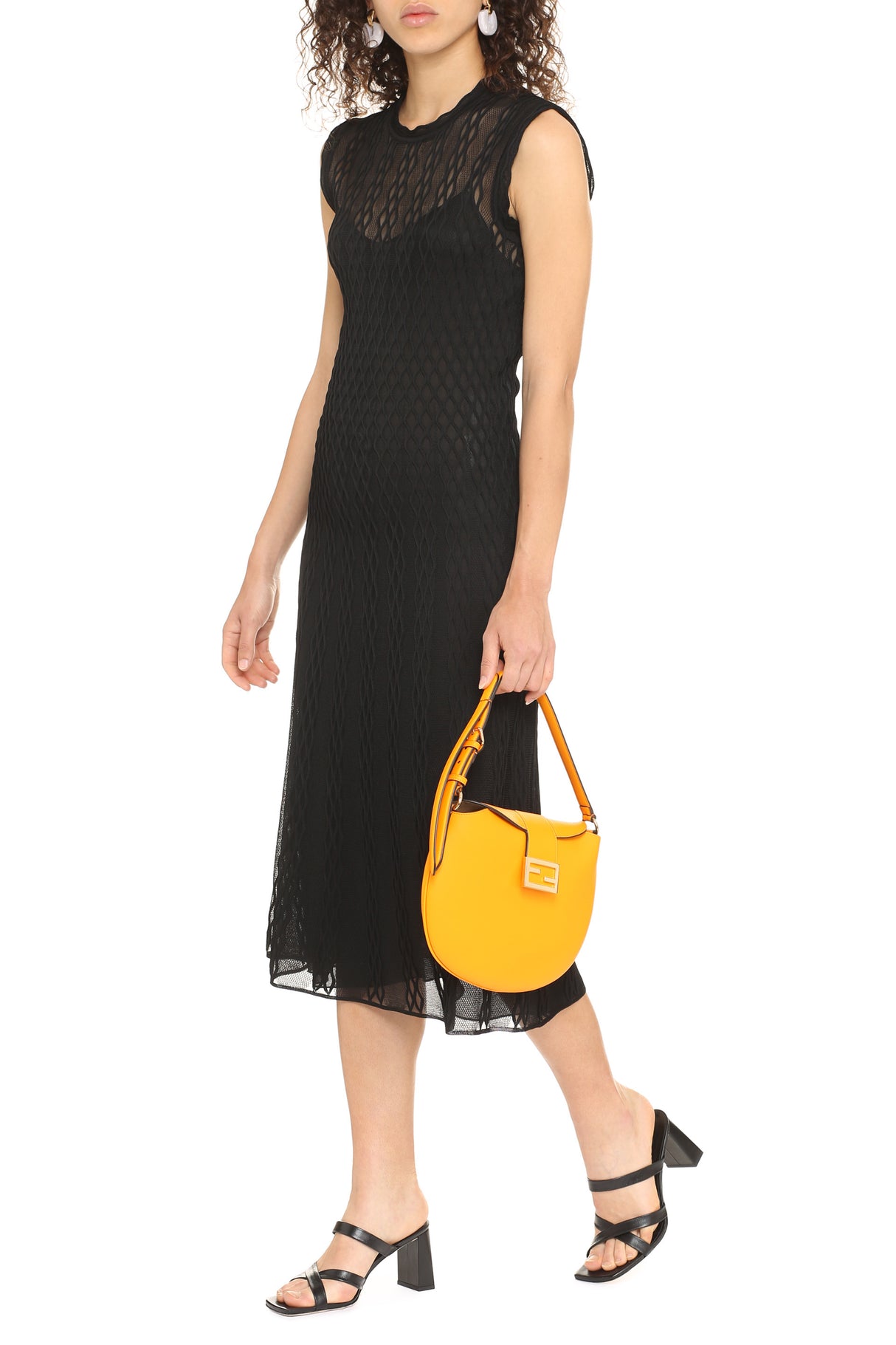 FENDI Black Midi Dress with Mesh Fabric and Removable Slip for Women SS21