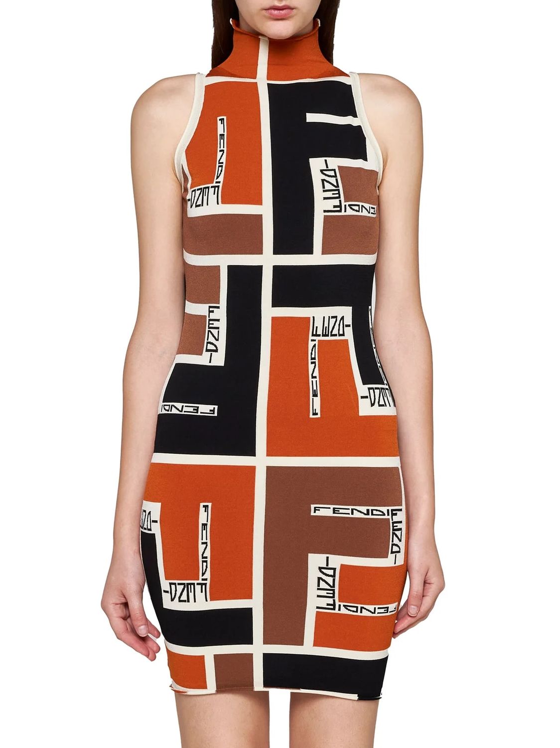 FENDI Printed High Neck Sleeveless Mini Dress in Orange for Women