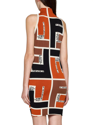 FENDI Printed High Neck Sleeveless Mini Dress in Orange for Women