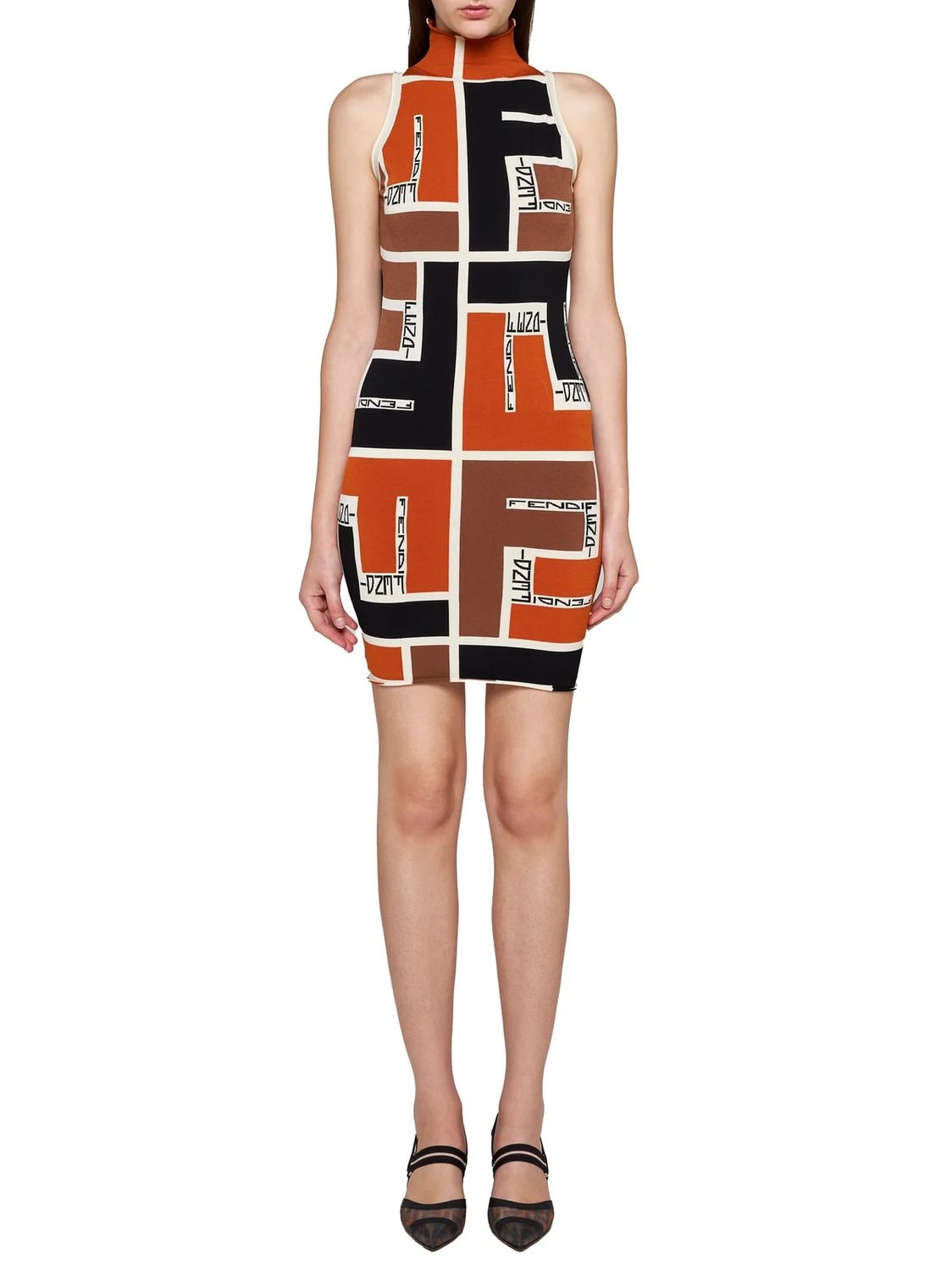 FENDI Printed High Neck Sleeveless Mini Dress in Orange for Women