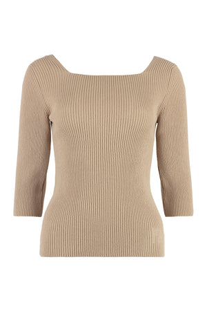 FENDI Tan Ribbed Knit Top with Squared Neckline and Logo Intarsia - SS23