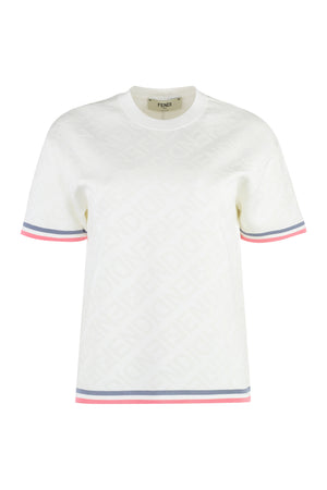 White Jacquard Knit T-Shirt with Contrasting Edges and Fendi Mirror Logo