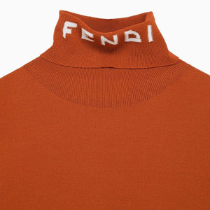 FENDI Striped Sweater with Stand Up Collar and Front Logo Intarsia