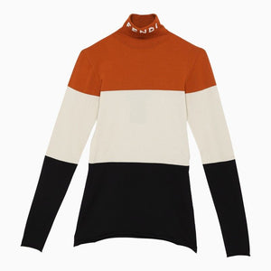 FENDI Striped Sweater with Stand Up Collar and Front Logo Intarsia