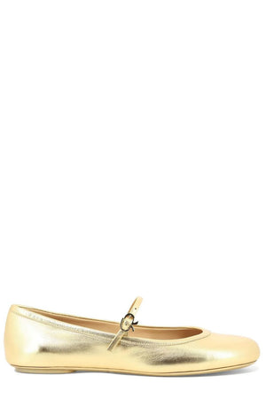 GIANVITO ROSSI Gold Smooth Leather Mary Jane Ballerina Flats with Iconic Buckle - Heels 5 MM