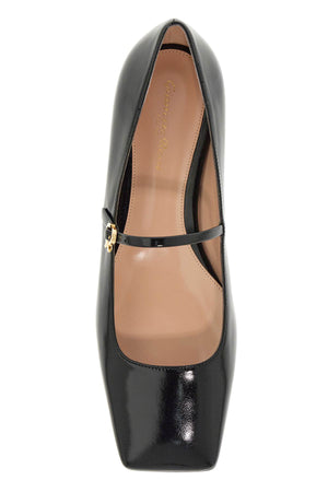 Giày búp bê đen bằng da bóng cao cấp với khóa nơ biểu tượng dành cho nữ