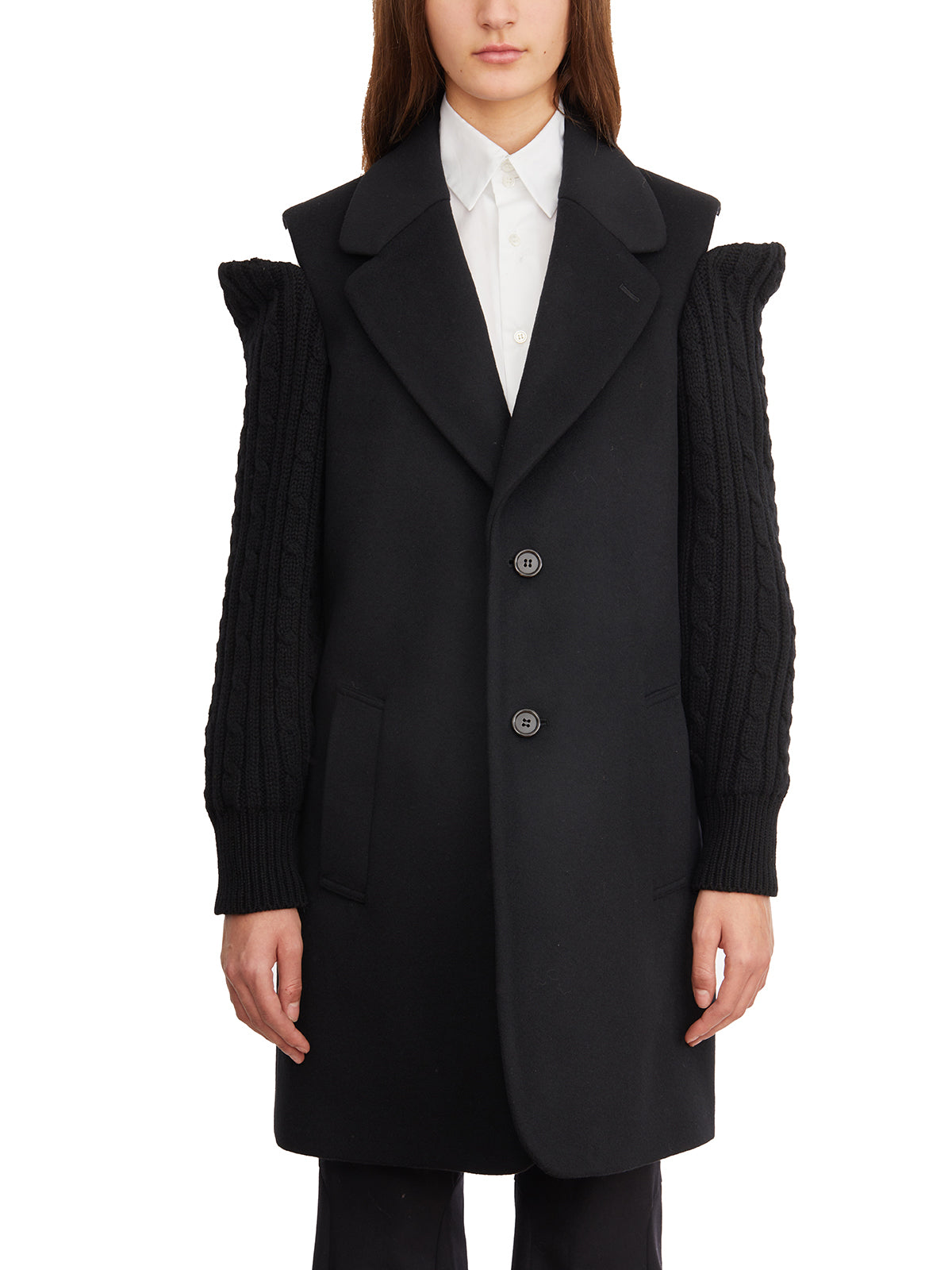 Áo khoác len đen cho nữ - Tay áo mở vai túi trước nút