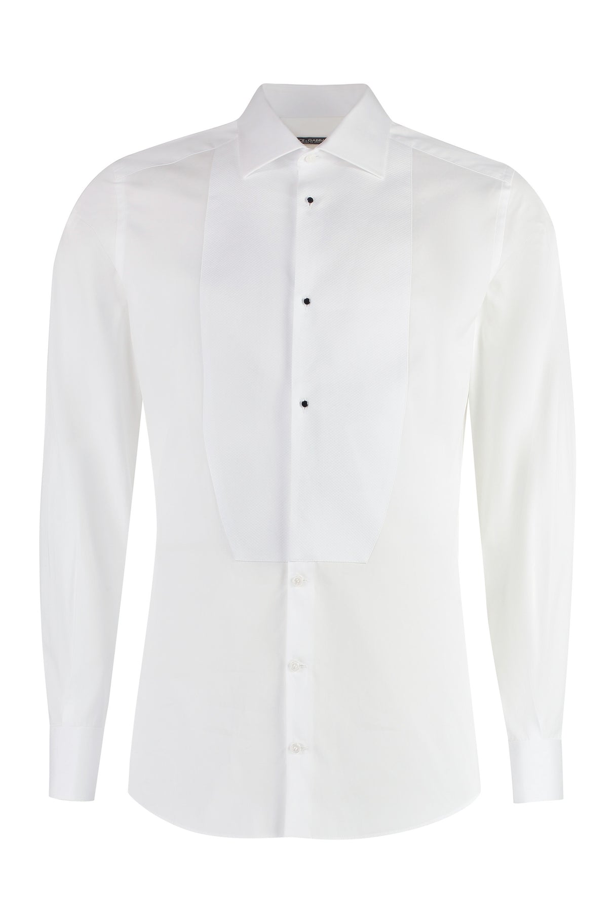 DOLCE & GABBANA Men's White Poplin Tuxedo Shirt with Embellished Buttons & Rounded Hem