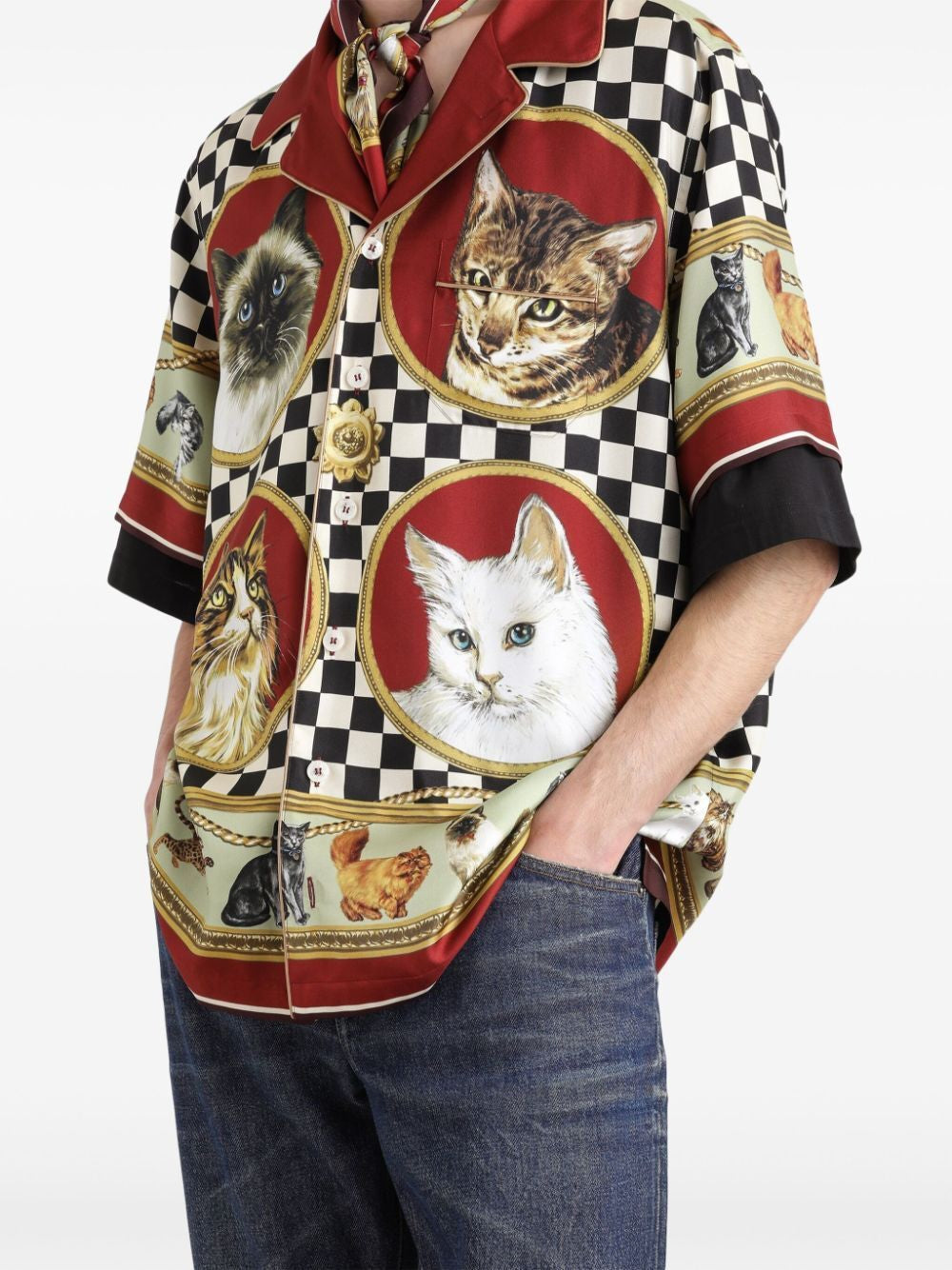 DOLCE & GABBANA Cat Print Silk Short Sleeved Shirt