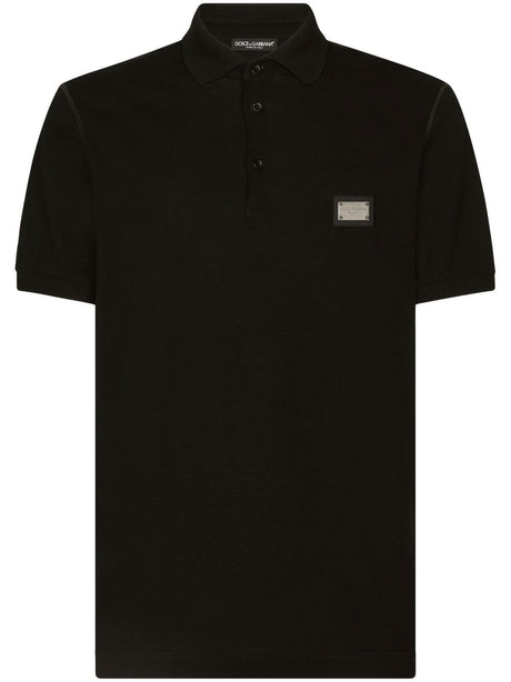 DOLCE & GABBANA Elegant Black Cotton Polo with Silver-Tone Emblem