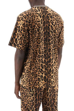 DOLCE & GABBANA Leopard Print Cotton T-Shirt with Iconic Gold-Plated Plaque