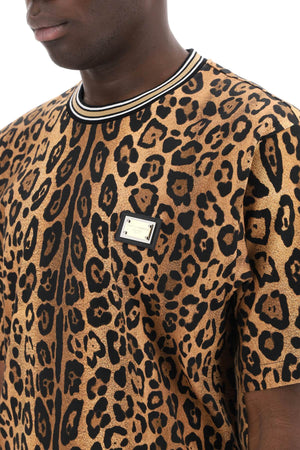 DOLCE & GABBANA Leopard Print Cotton T-Shirt with Iconic Gold-Plated Plaque