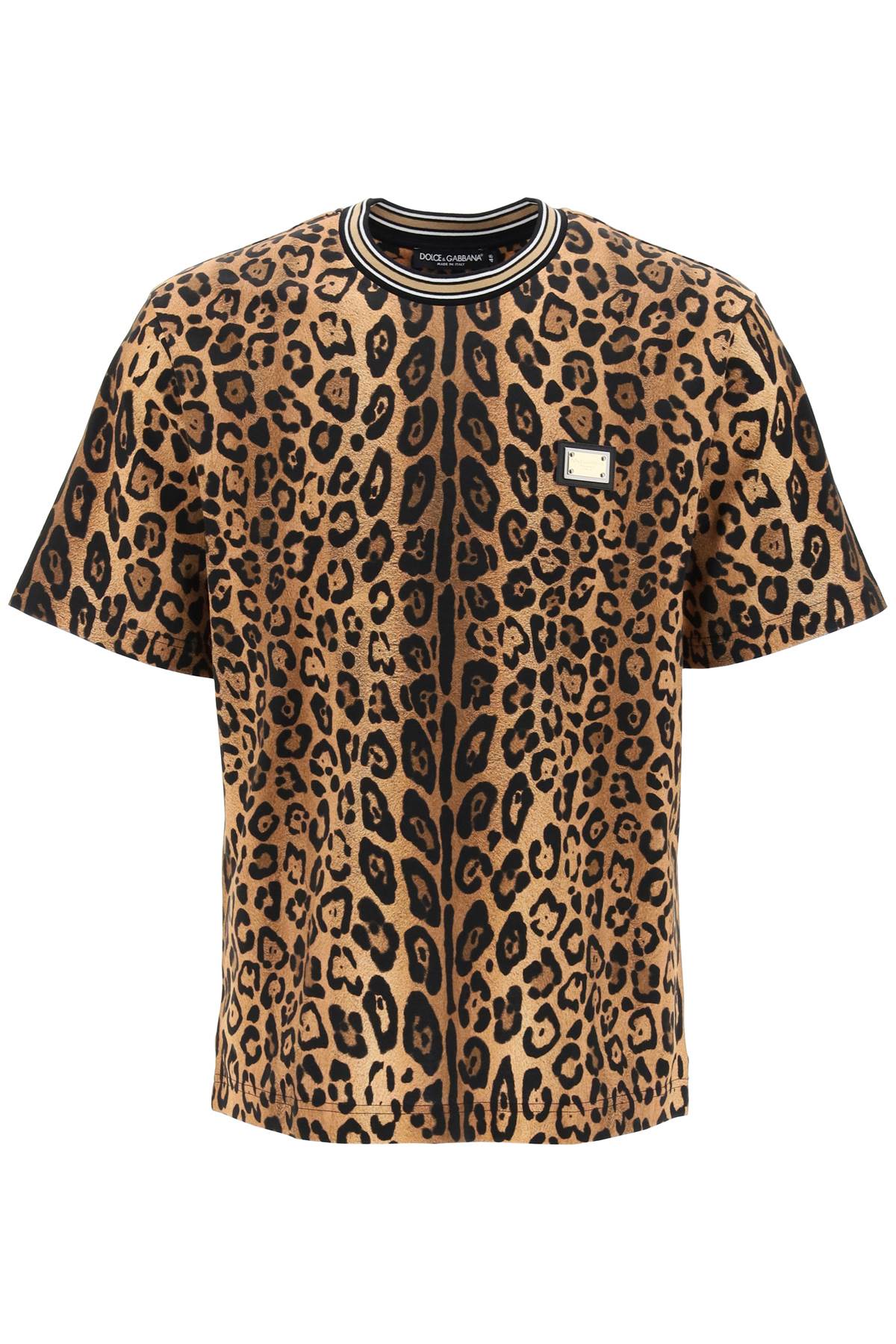 DOLCE & GABBANA Leopard Print Cotton T-Shirt with Iconic Gold-Plated Plaque