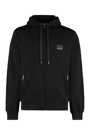 DOLCE & GABBANA Men's Black Full Zip Hoodie with Zippered Pockets and Ribbed Cuffs