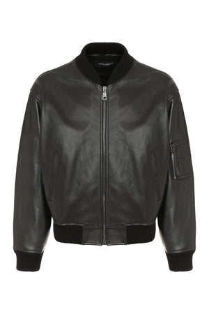 DOLCE & GABBANA Men's Leather Jacket with Ribbed Knit Details