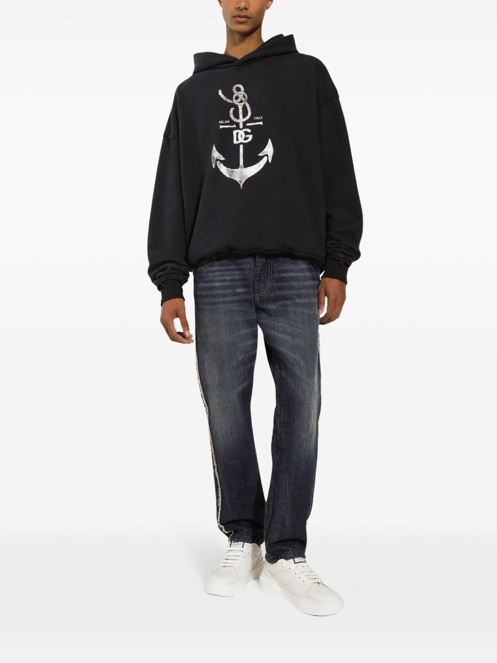 DOLCE & GABBANA Áo hoodie cotton có chỉ nổi - Màu xanh navy