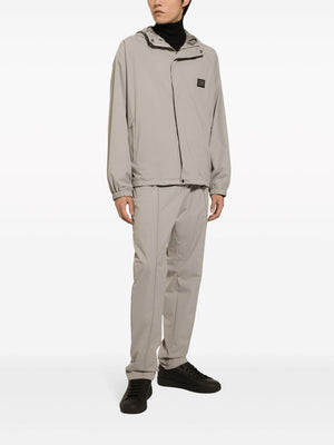 DOLCE & GABBANA Men's Gray Drawstring Hoodie with Logo Plaque and Hardware Details