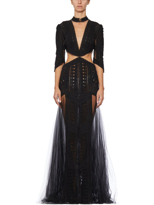 ELISABETTA FRANCHI Elegant Black Lace and Tulle Dress for the Red Carpet