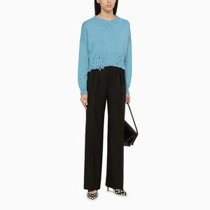 MARNI Light Blue Cotton Crew-Neck Sweater with Hand-Stitched Collar and Worn Effect Details