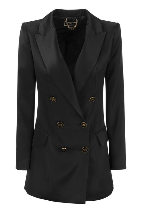 ELISABETTA FRANCHI Black Satin Jacket with Double-Breasted Enamelled Buttons