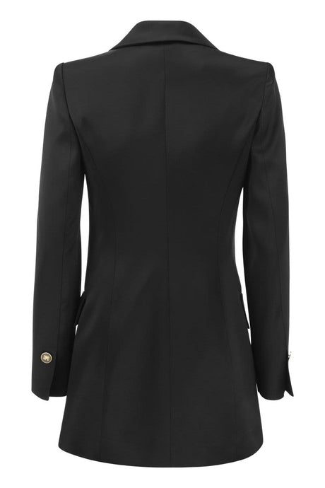 ELISABETTA FRANCHI Black Satin Jacket with Double-Breasted Enamelled Buttons