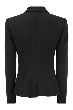 Áo jacket cao cấp hai dòng màu đen Vải Crepe cùng Cổ áo quàng khăn sang trọng