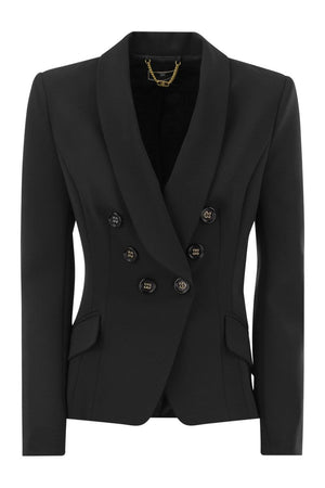 Áo jacket cao cấp hai dòng màu đen Vải Crepe cùng Cổ áo quàng khăn sang trọng