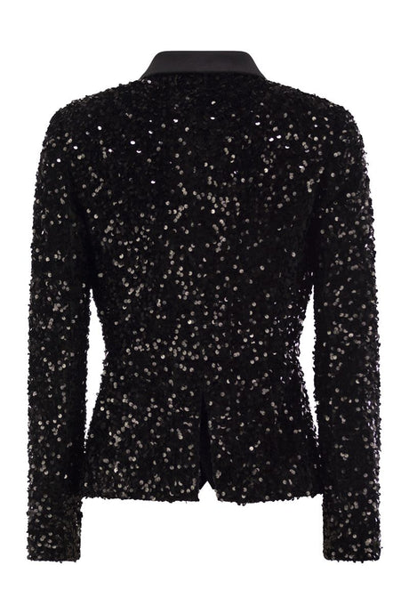 ELISABETTA FRANCHI Double-Breasted Black Sequin Satin Jacket