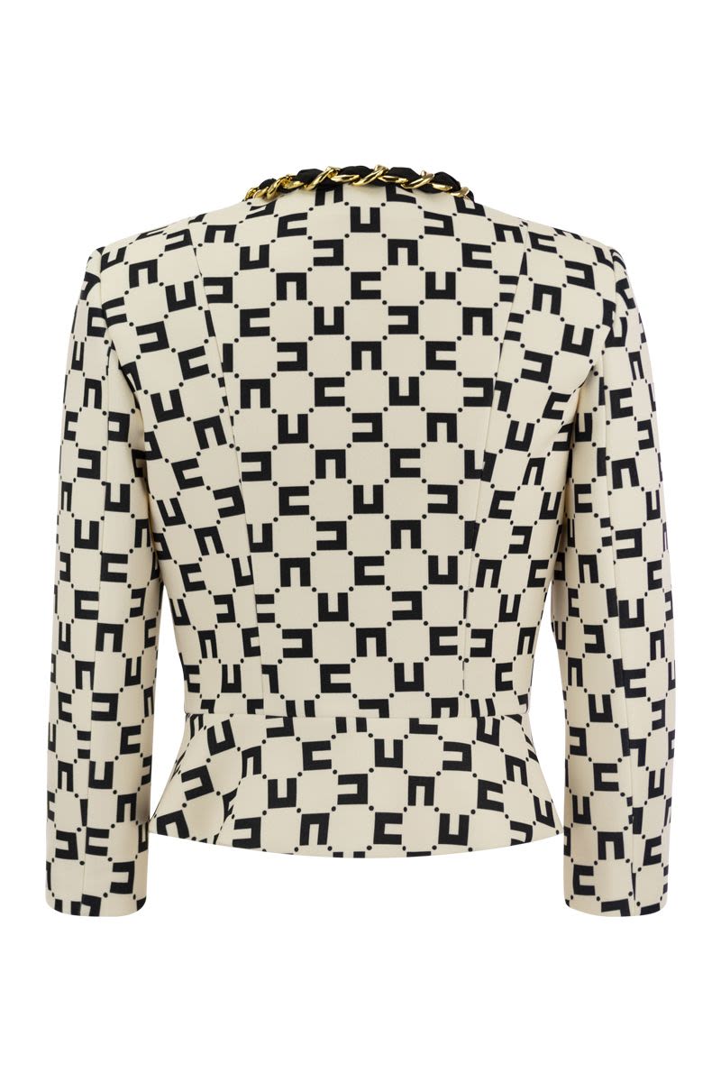 ELISABETTA FRANCHI Black Monogram Print Crepe Jacket with Chain Accessory and Scarf