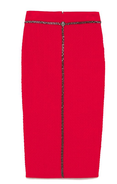 ELISABETTA FRANCHI Crimson Herringbone Midi Skirt with Chain-Link Detail