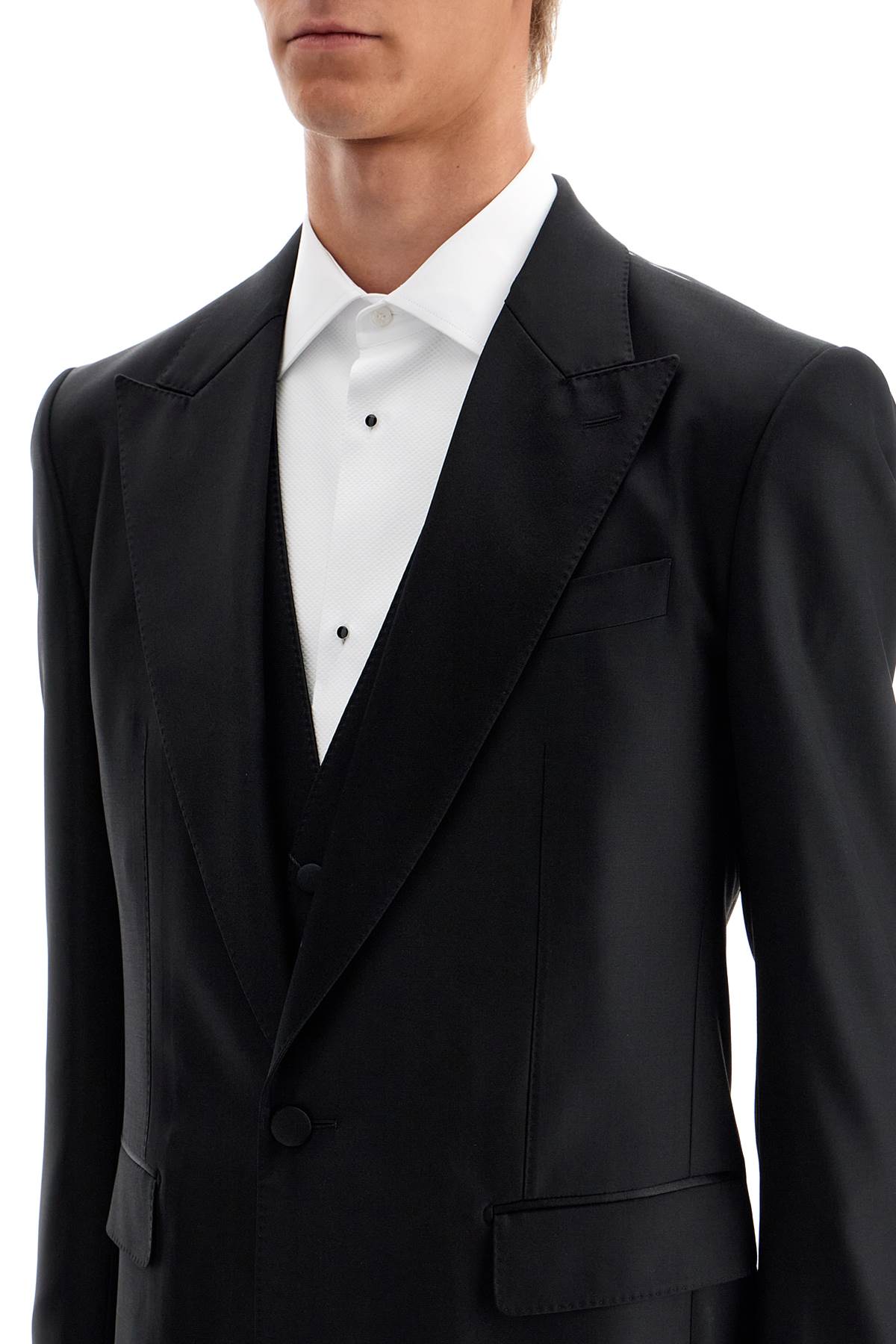 DOLCE & GABBANA Luxury Wool-Silk Tuxedo Suit with Silk Satin Accents