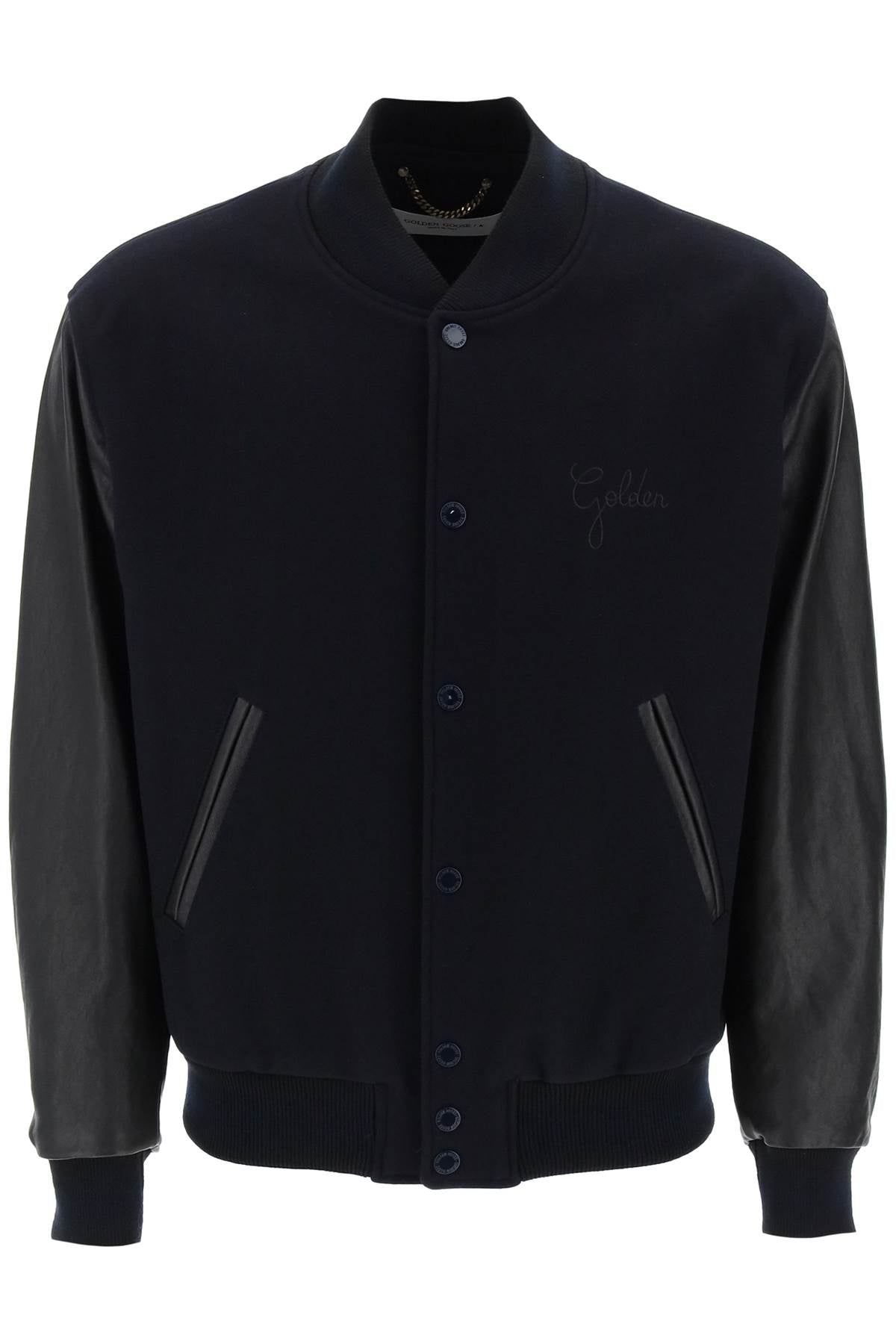 GOLDEN GOOSE Navy Blue Wool Blend Bomber Jacket with Leather Sleeves