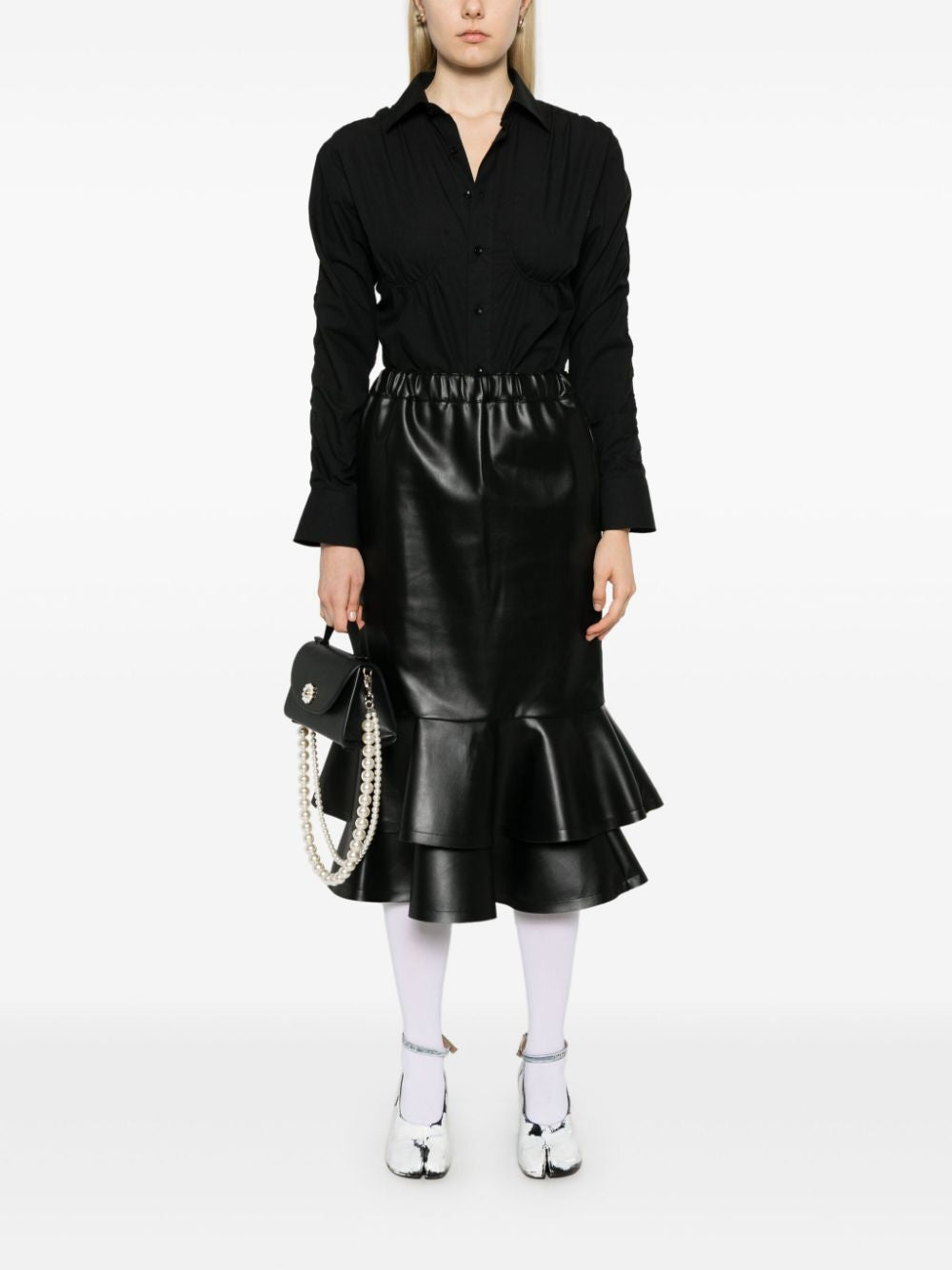 COMME DES GARÇONS Black Faux Leather Straight Cut Skirt with Ruffles and Drawstring Waist