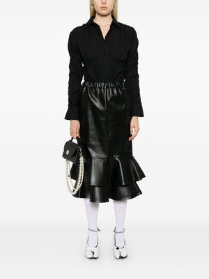 COMME DES GARÇONS Black Faux Leather Straight Cut Skirt with Ruffles and Drawstring Waist