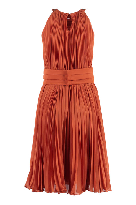 MAX MARA Multicolor Burnt Pleated Dress with Embroidered Neckline and Coordinated Belt, SS23 Collection for Women