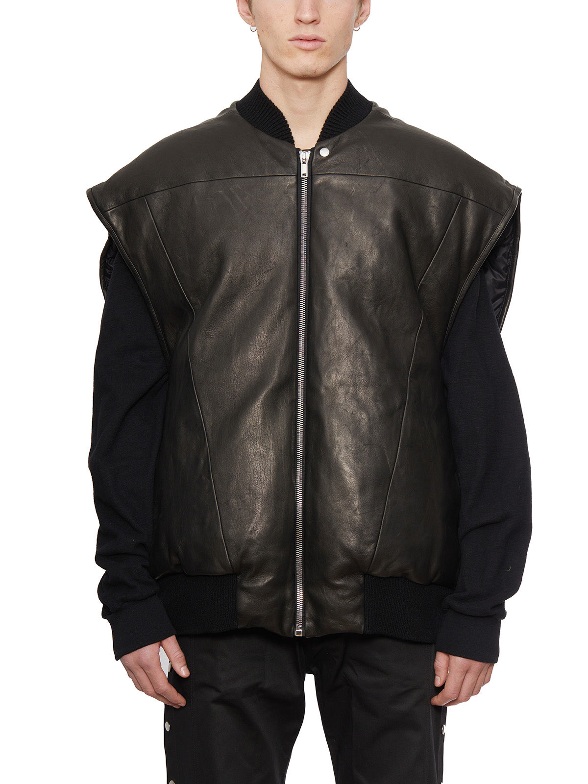 RICK OWENS Men's Black Leather Flight Jacket for FW23