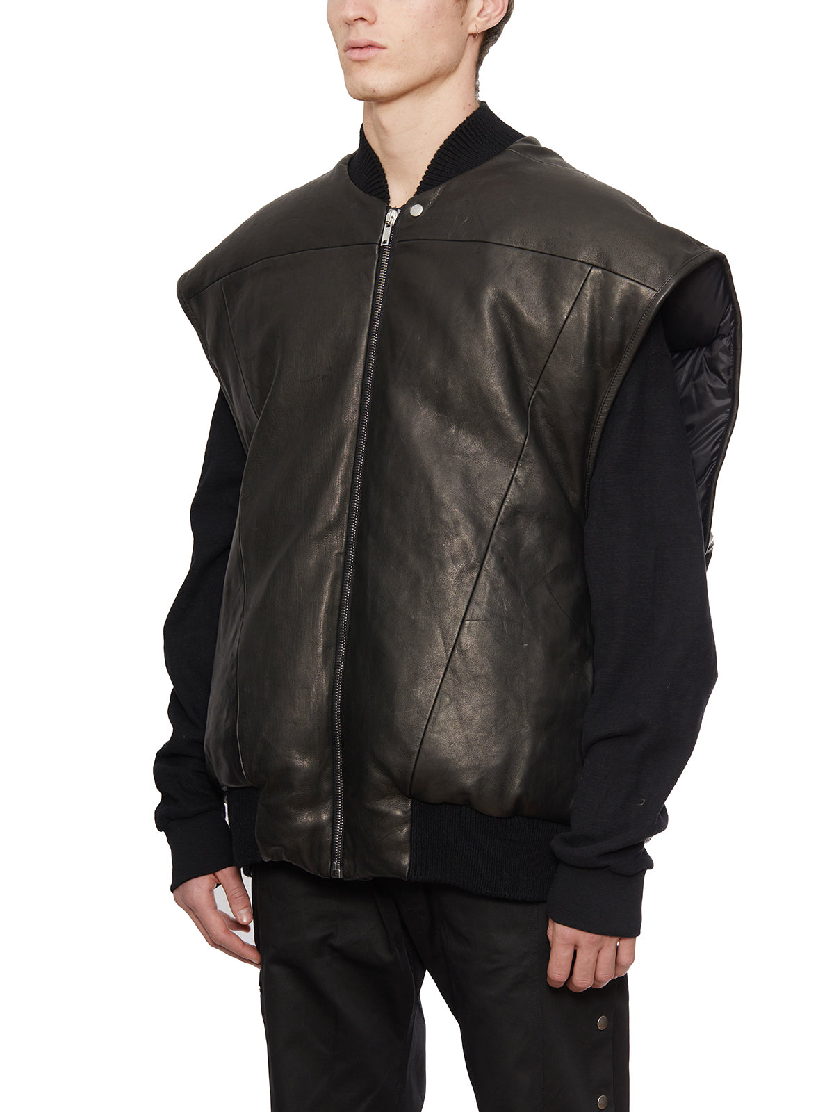 RICK OWENS Men's Black Leather Flight Jacket for FW23