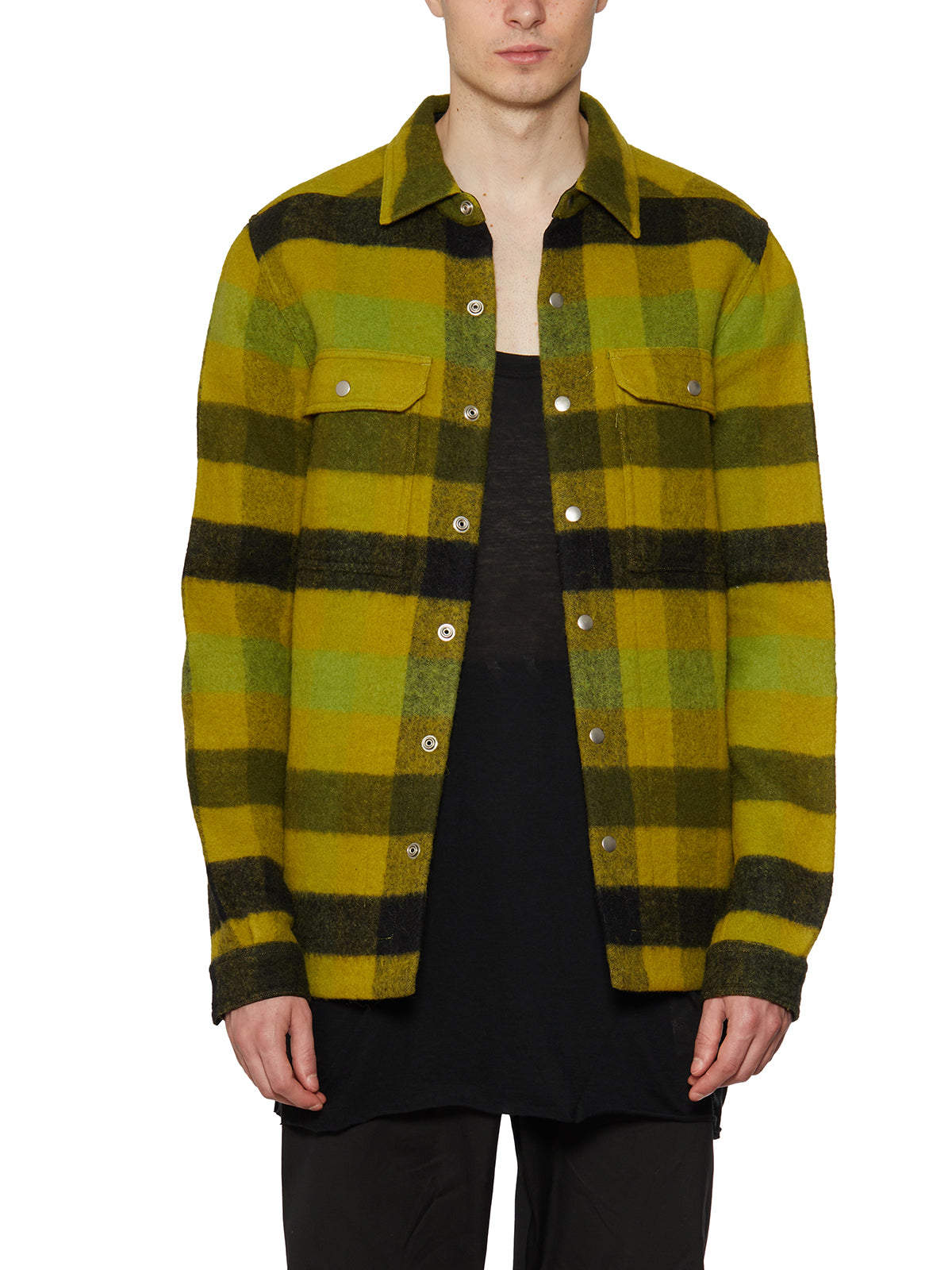 RICK OWENS Men's Yellow Acid Plaid Wool Shirt Jacket for FW23