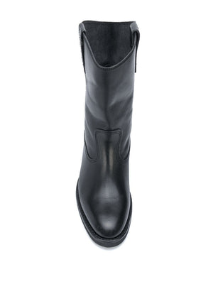 Giày Boots Cổ Ngắn Gót Vuông Da Đen Cho Nữ